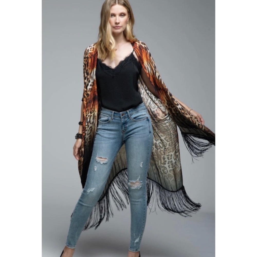 🌺LAST1️⃣🌺New Beautiful Flowy Leopard Print Fringe Open Style Kimono - Picture 9 of 9